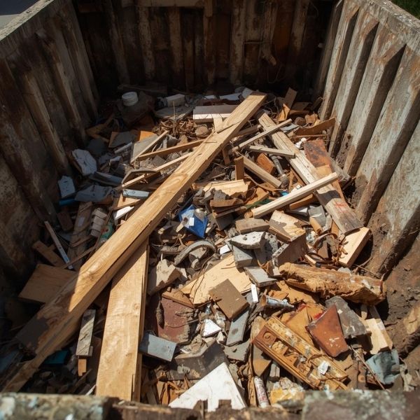 Close-up of construction debris from a small renovation inside a driveway-friendly roll-off dumpster.