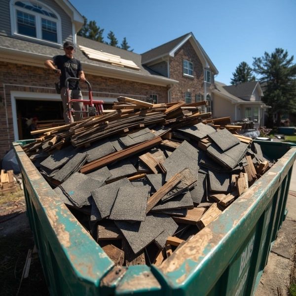 Roofing shingles and wooden planks being loaded into a 20-yard dumpster during an exterior home renovation.