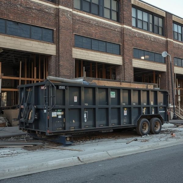 A large 30-yard roll-off dumpster outside a commercial building undergoing a major interior gut renovation.