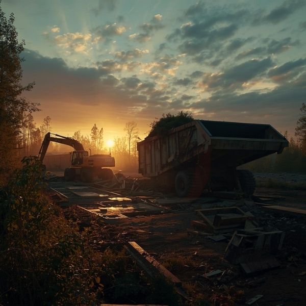 Heavy machinery and a large 40-yard roll-off dumpster on a site dedicated to land clearing and major demolition.